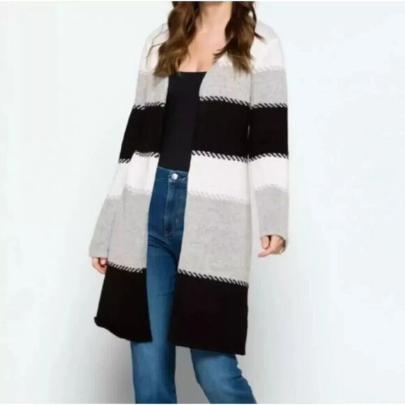 Fortune + Ivy Long Cardigan Womens XS Open Front Gray Black Boho Warm Comfort - Picture 1 of 6